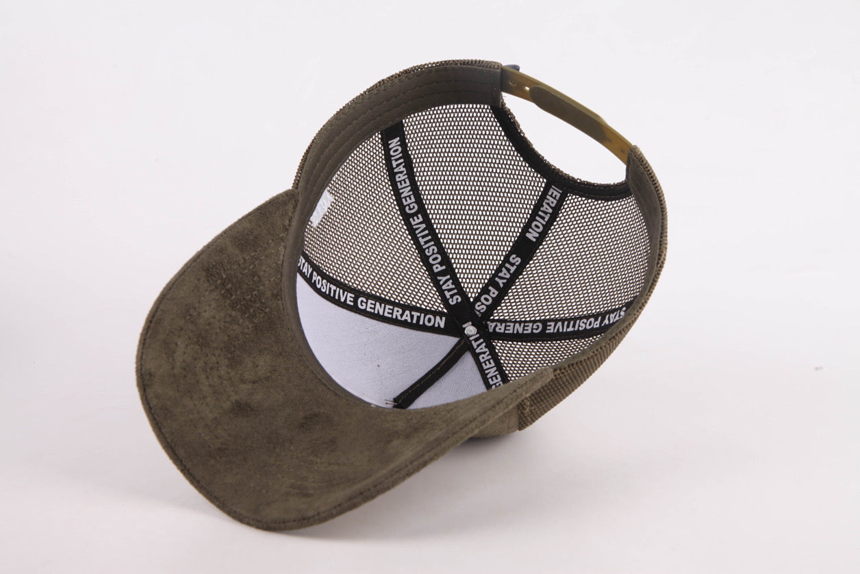 Peace & Love Olive Mesh Suede Trucker Hat